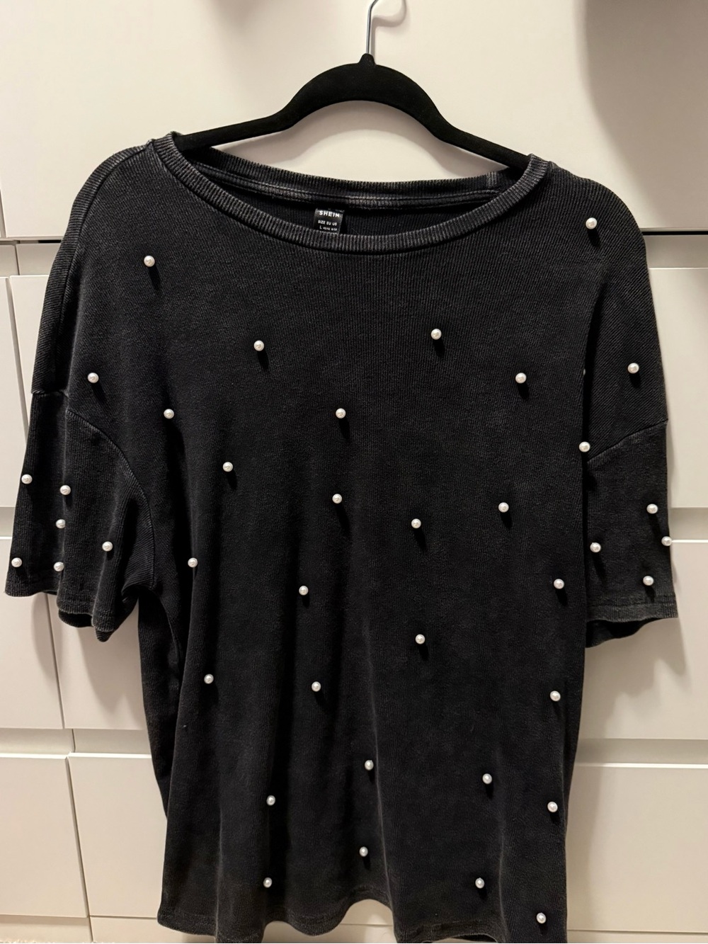 SHEIN Black Pearl Embellished Oversized T-Shirt Size Large
